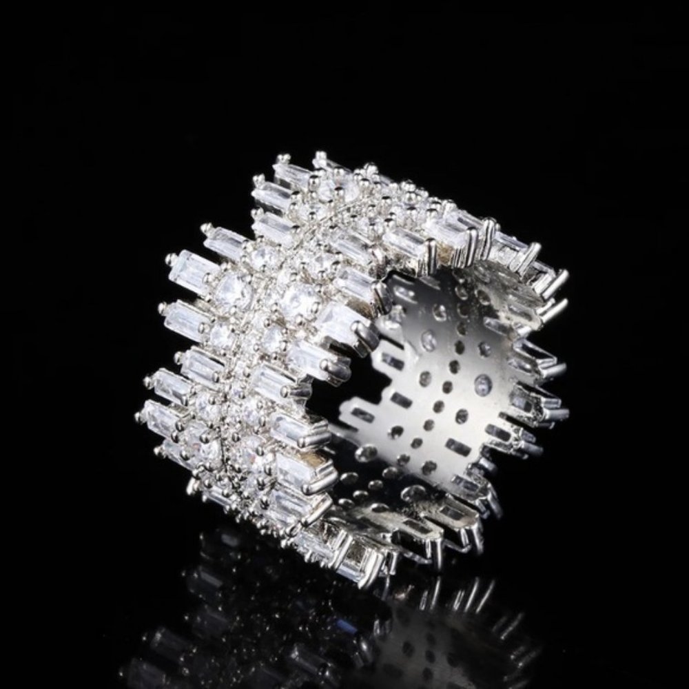 NEW Silver Baguette Round Diamond Wide Band Ring - Picture 7 of 7